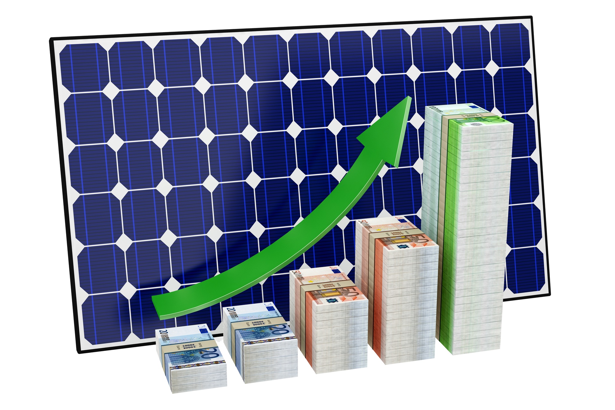 Solar Panel and stacks of Euro banknotes